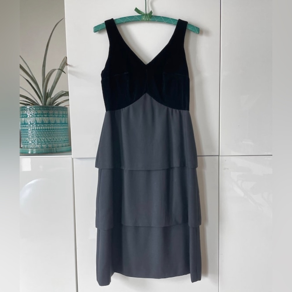 1960s Vintage Mid Century Little Black Dress with Black Velvet and Tiered Hem